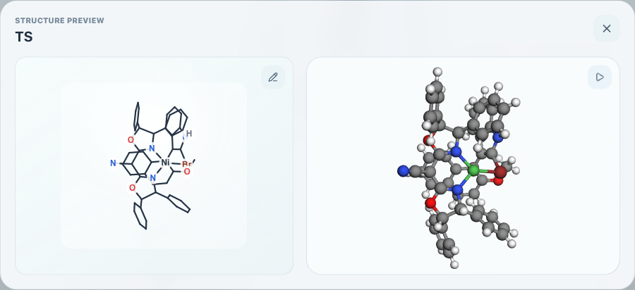 RxnCanvas 结构预览窗口，同时显示二维化学结构与可旋转的三维分子模型